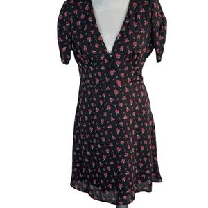 Emory ParkBlack Red Floral Deep V Mini Dress, Back Zipper Sz L